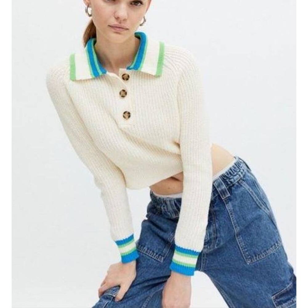 Urban Outfitters BDG Taylor Cropped Collared Polo Sweater Cream Medium